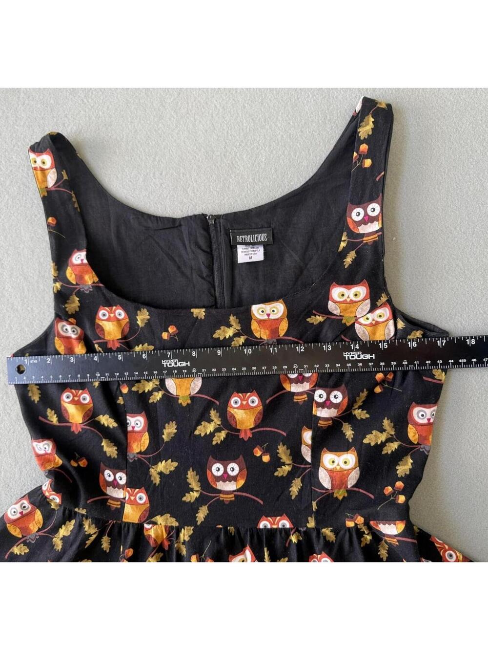 Retrolicious Owl Print Sleeveless Fit & Flare Dress Size M Black Cotton Pockets - Picture 7 of 15
